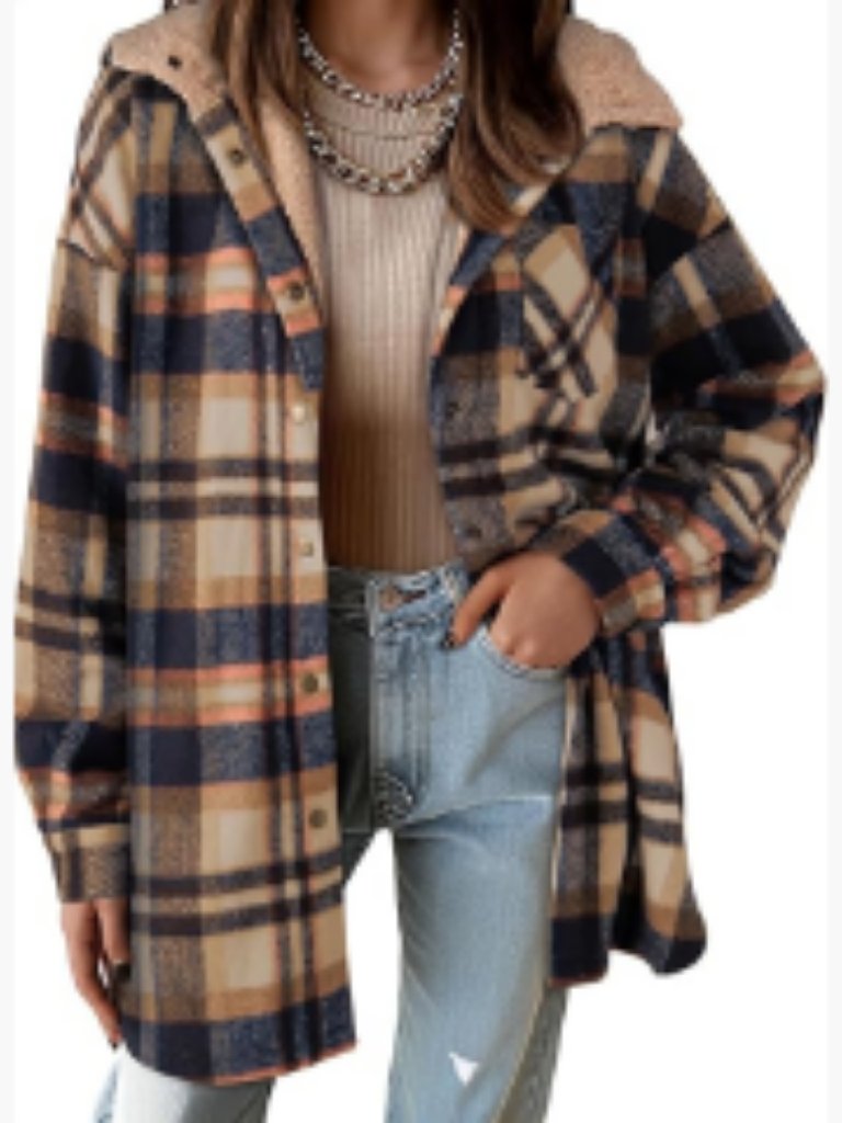 Flannel Hooded Plaid Shacket Thick Coat Button Down Fleece Jacket